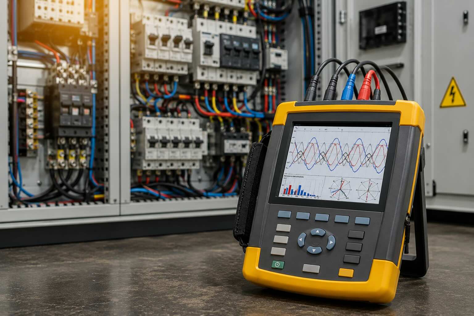 Analizador de calidad de energía conectado a tablero eléctrico industrial