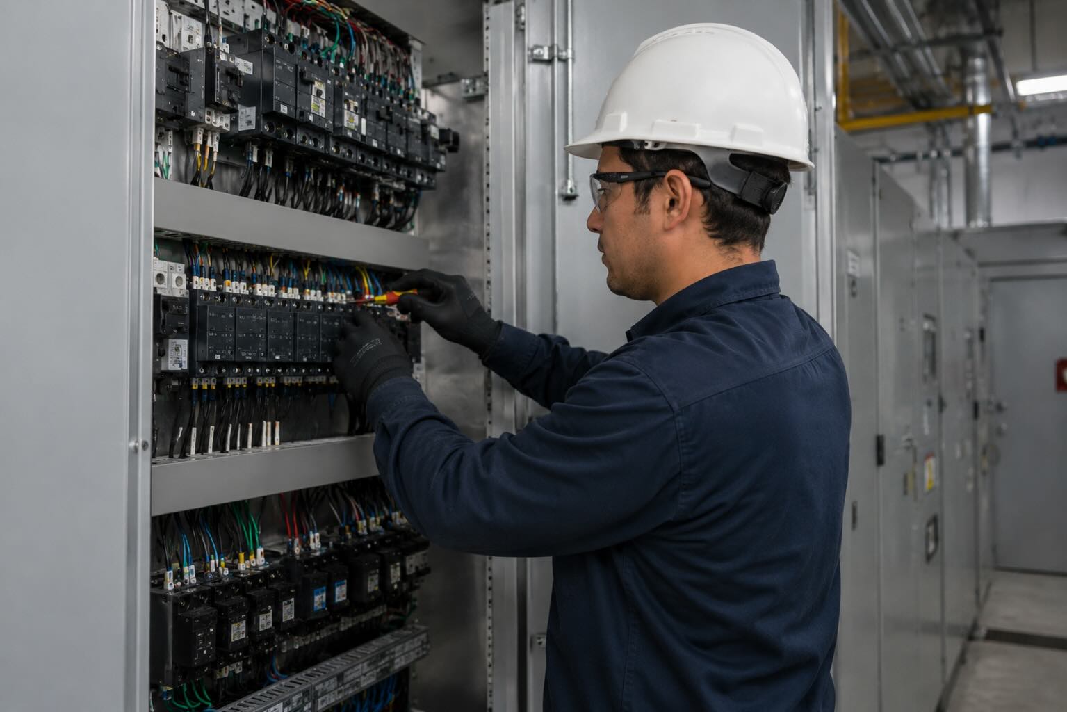 Ingeniero inspeccionando un tablero de media tensión en una subestación eléctrica